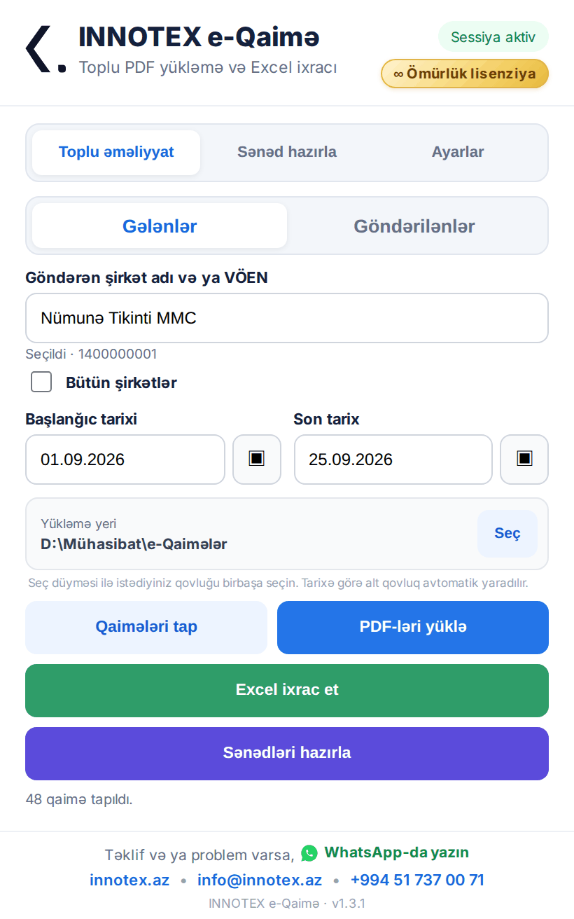 INNOTEX e-Qaimə paneli — toplu əməliyyat