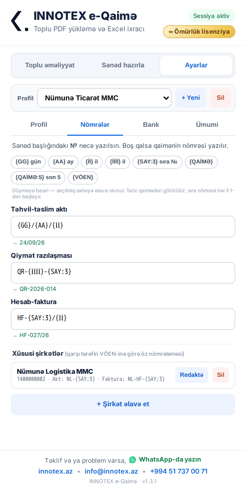 Sənəd nömrələri ayarları