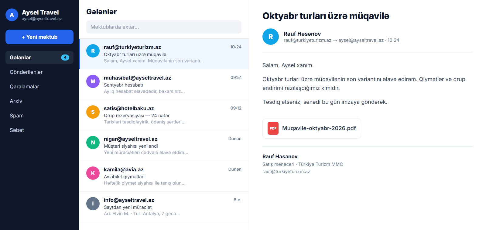 INNOTEX Mail — şirkət ünvanı ilə gələnlər qutusu
